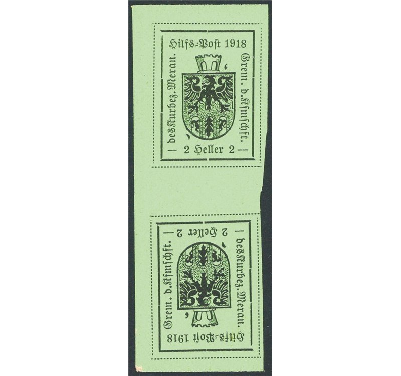Terre Redente - Merano - 1918 - Stemma comunale tete-beche del 2 h. verde chiaro in rettangolo su carta levigata e semilucida de