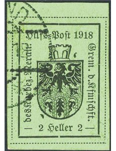 Terre Redente - Merano - 1918 - Stemma 2 h. verde chiaro 1° tipo, n° 4. Cat. € 120 (U)