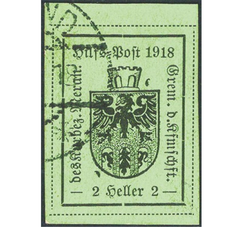 Terre Redente - Merano - 1918 - Stemma 2 h. verde chiaro 1° tipo, n° 4. Cat. € 120 (U)