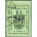 Terre Redente - Merano - 1918 - Stemma 2 h. verde chiaro 1° tipo, n° 4. Cat. € 120 (U)