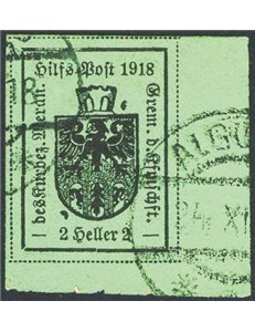 Terre Redente - Merano - 1918 - Stemma comunale 2 h. verde su carta ruvida e opaca, n° 6. Firm.: ED - Chia. Cat. € 325 (U)