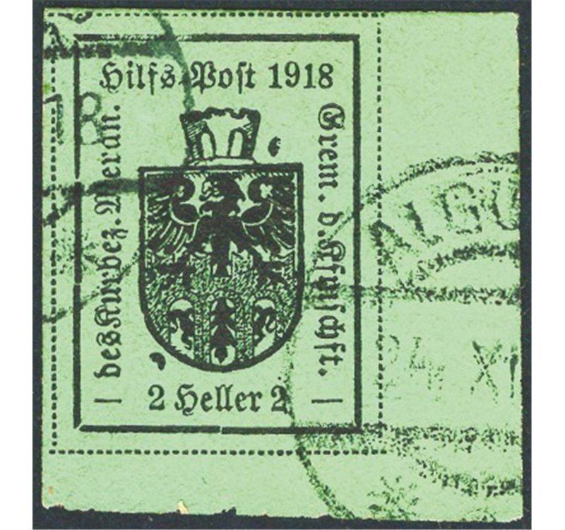 Terre Redente - Merano - 1918 - Stemma comunale 2 h. verde su carta ruvida e opaca, n° 6. Firm.: ED - Chia. Cat. € 325 (U)