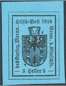 Terre Redente - Merano - 1918 - Stemma 5 h. azzurro 4° tipo, n° 11. Firm.: Chia. Cat. € 55 (**)