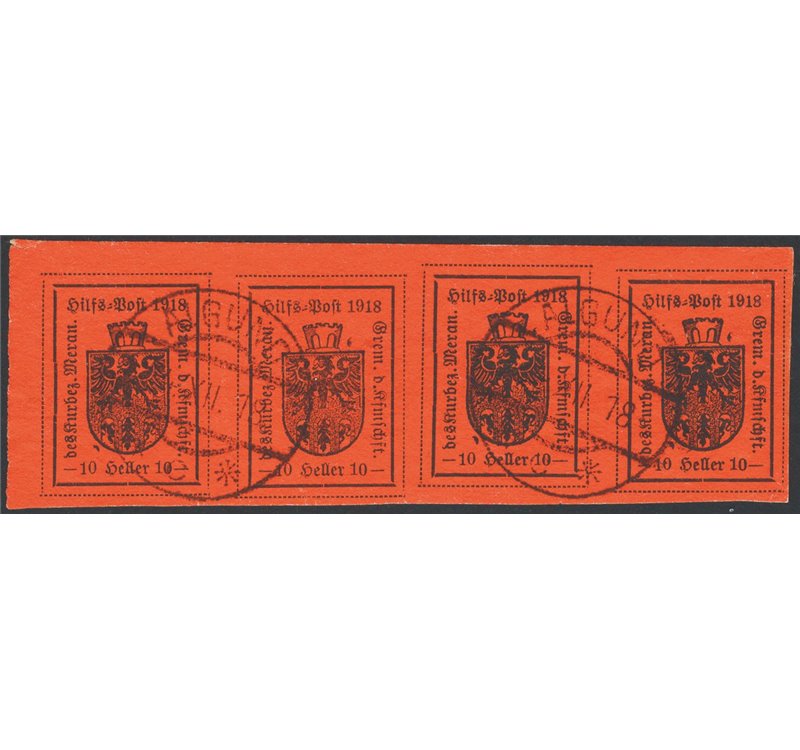 Terre Redente - Merano - 1918 - Stemma comunale 10 h. arancio in striscia orizzontale di 4, IV tipo, carta ruvida ed opaca, n° 1