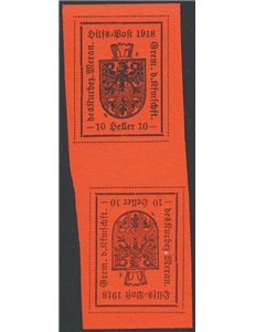 Terre Redente - Merano - 1918 - Stemma comunale tete-beche del 10 h. arancio, IV tipo, carta ruvida ed opaca, senza gomma con gl