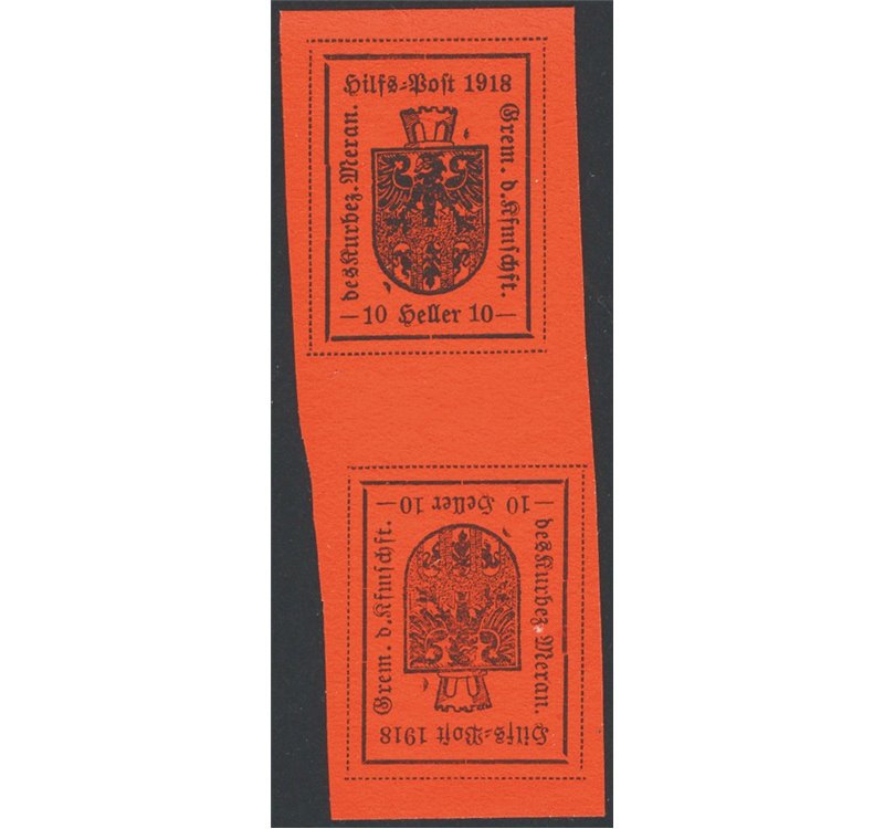 Terre Redente - Merano - 1918 - Stemma comunale tete-beche del 10 h. arancio, IV tipo, carta ruvida ed opaca, senza gomma con gl