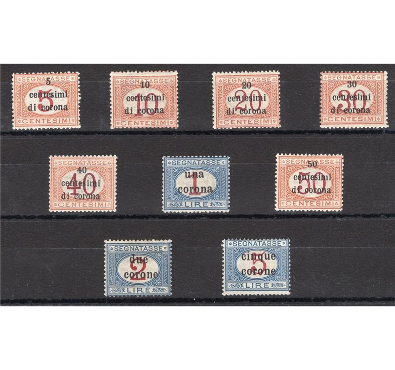 Terre Redente - Trento e Trieste - 1918 - Segnatasse soprast., serie n° 1/9. Cert.: Biondi. Cat. € 1.500 (**)