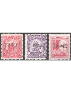 Terre Redente - Fiume - 1918/19 - Francobolli di Ungheria soprast. "Fiume" serie n° 1A/3. Cat. € 70 (*)