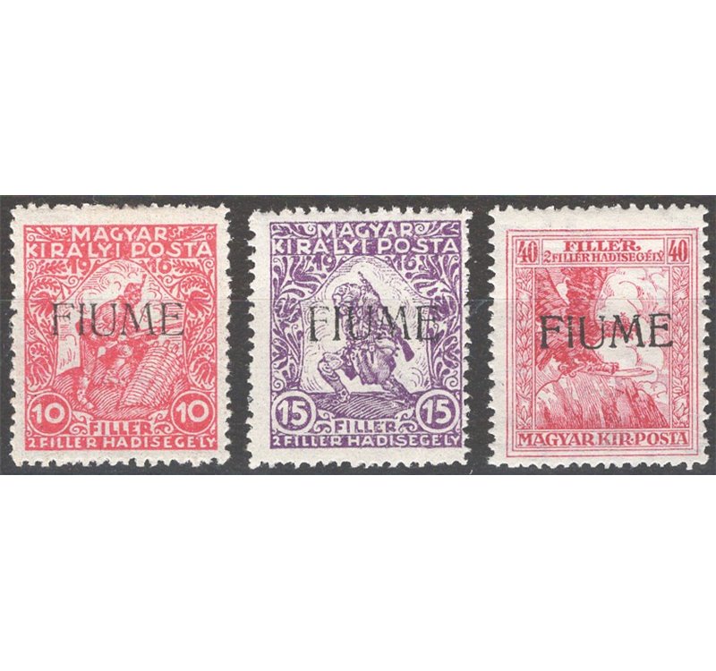 Terre Redente - Fiume - 1918/19 - Francobolli di Ungheria soprast. "Fiume" serie n° 1A/3. Cat. € 70 (*)