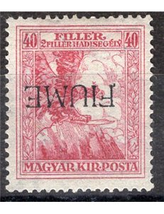 Terre Redente - Fiume - 1918/19 - Francobollo di Ungheria, Beneficenza 40 f. carminio soprast. "Fiume" a macchina capovolta, n° 