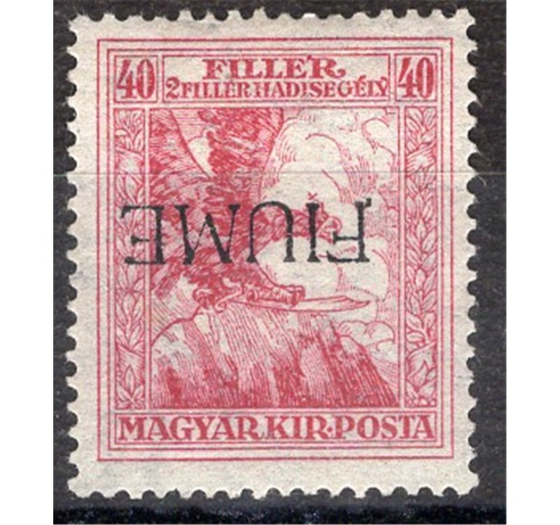 Terre Redente - Fiume - 1918/19 - Francobollo di Ungheria, Beneficenza 40 f. carminio soprast. "Fiume" a macchina capovolta, n° 