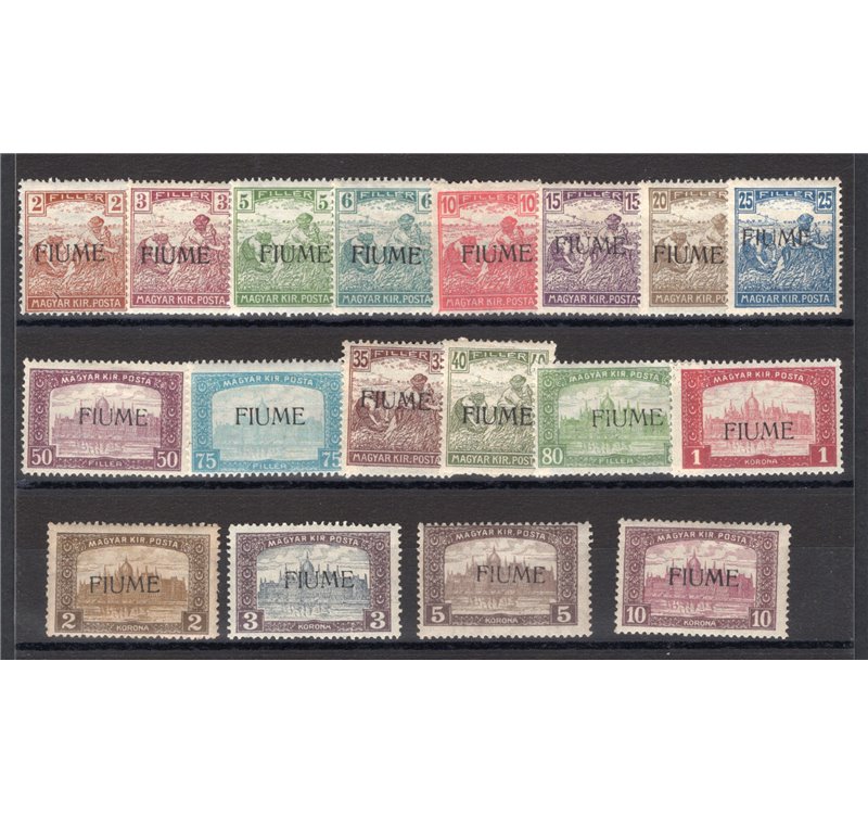 Terre Redente - Fiume - 1918/19 - Mietitori e Vedute, la serie n° 4/21 con le soprast. più comuni. Cat. € 1.700 (*)