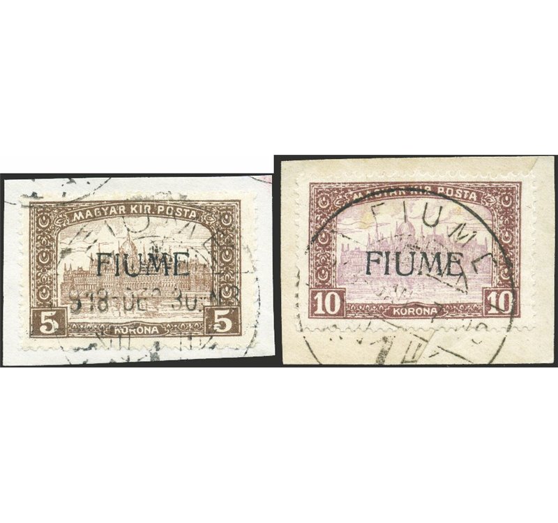 Terre Redente - Fiume - 1918/19 - Mietitori e Vedute, la serie n° 4/21 nei tipi più comuni su frammenti. Cert.: Biondi. Cat. € 5