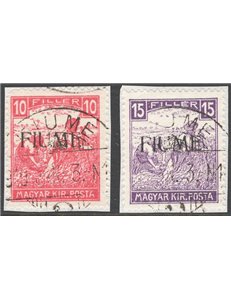 Terre Redente - Fiume - 1918/19 - Mietitori e Vedute, la serie n° 22II/23II con le cifre bianche. Cat. € 170 (U)