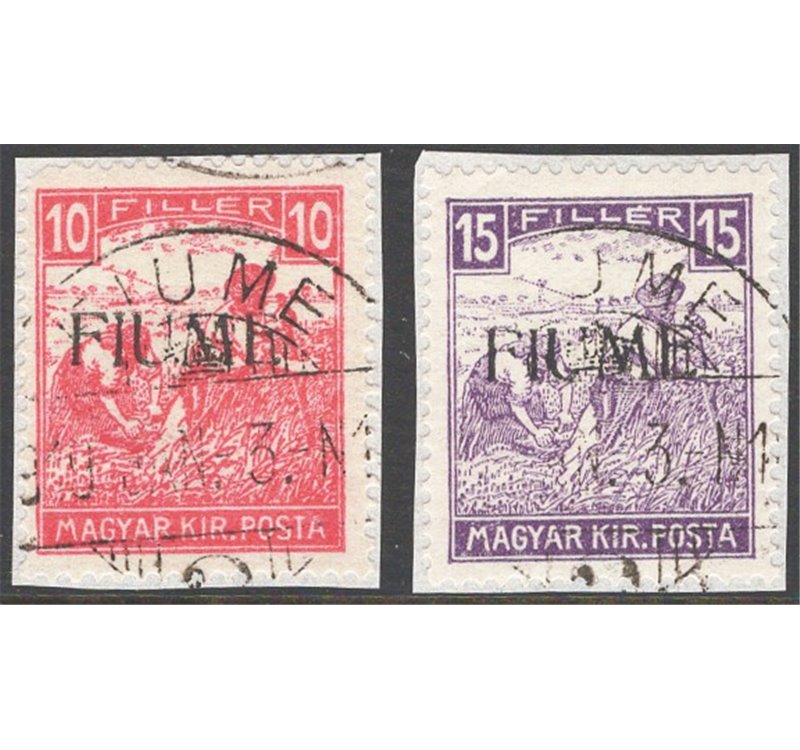 Terre Redente - Fiume - 1918/19 - Mietitori e Vedute, la serie n° 22II/23II con le cifre bianche. Cat. € 170 (U)