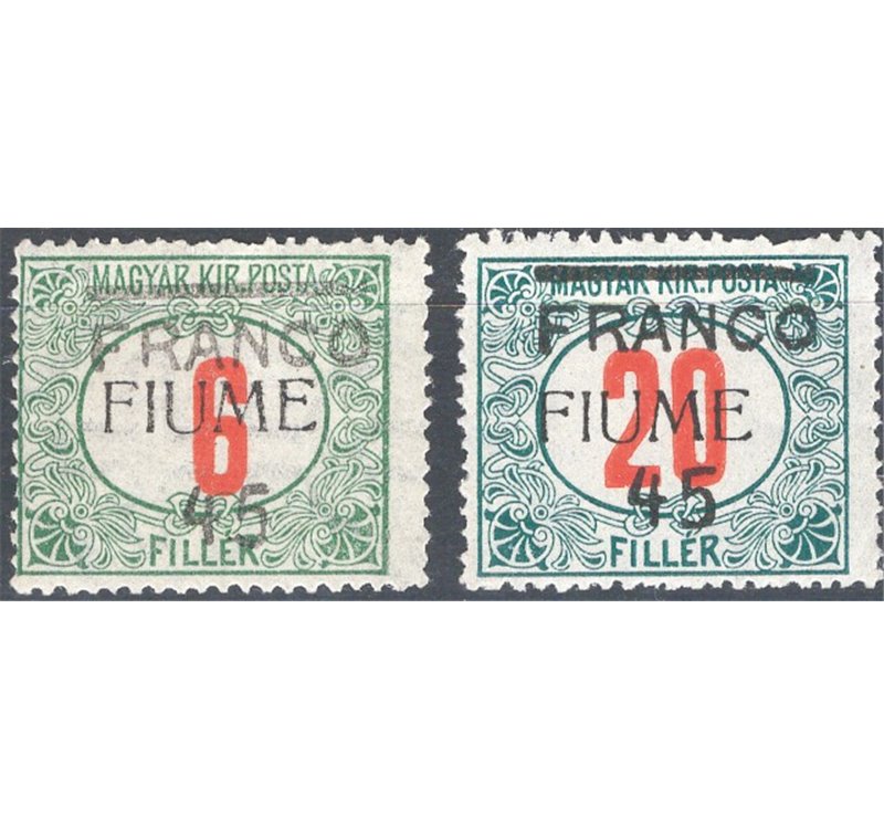 Terre Redente - Fiume - 1918 - Segnatasse di Ungheria soprast. a macchina e a mano, serie n° 29/30. Cat. € 140 (*)