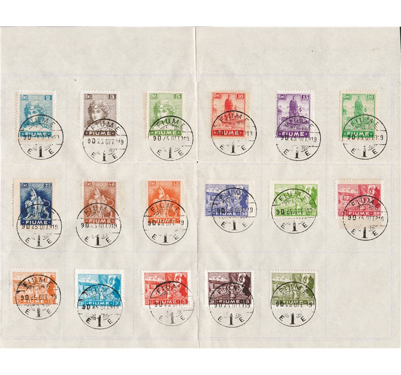 Terre Redente - Fiume - 1919 - Allegoria e Vedute, la serie n° 32/48 su frammento. Cat. € 280 (Fr)