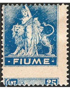 Terre Redente - Fiume - 1919 - Allegoria 25 c. azzurro oltremare con dent. orizzontale fortemente spostata in basso, n° A38nb. C