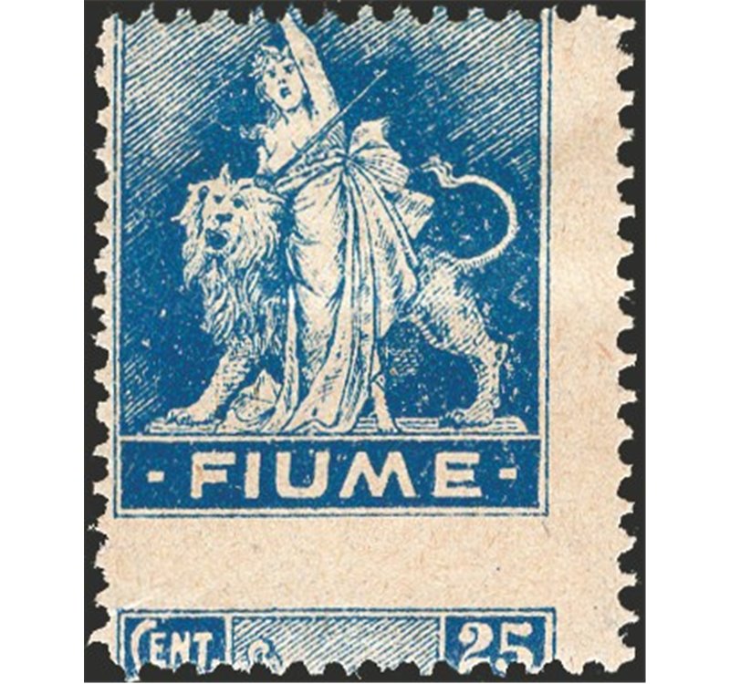 Terre Redente - Fiume - 1919 - Allegoria 25 c. azzurro oltremare con dent. orizzontale fortemente spostata in basso, n° A38nb. C