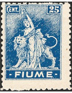 Terre Redente - Fiume - 1919 - Allegoria 25 c. azzurro su carta A con dent. 10½, n° A38/I. Cert.: Biondi. Cat. € 7.000 (**)