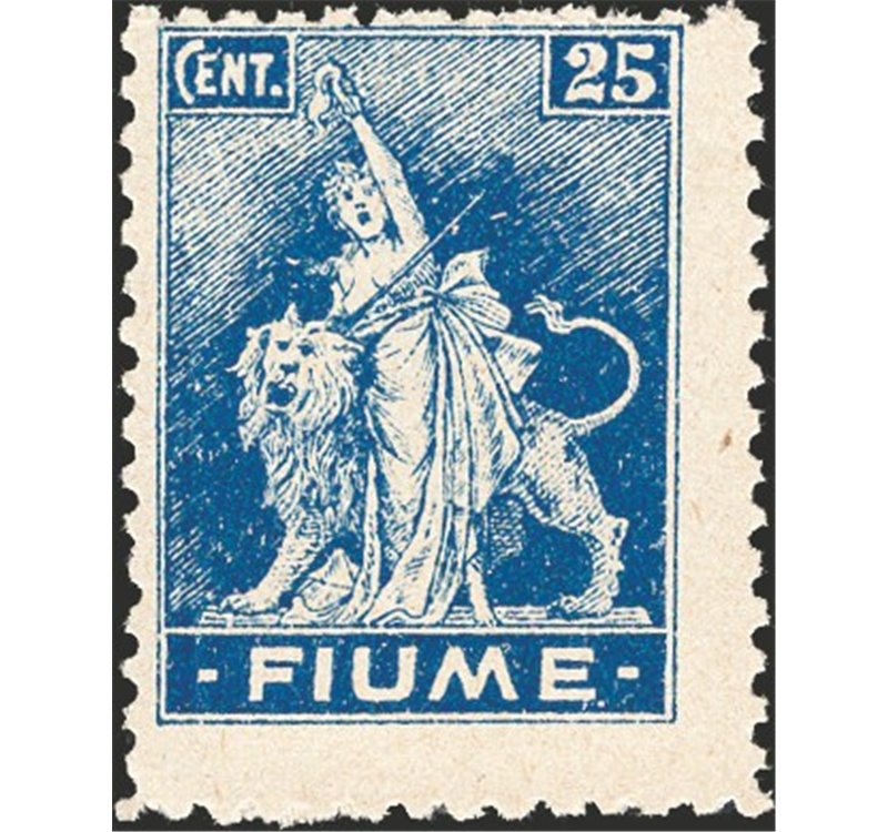 Terre Redente - Fiume - 1919 - Allegoria 25 c. azzurro su carta A con dent. 10½, n° A38/I. Cert.: Biondi. Cat. € 7.000 (**)