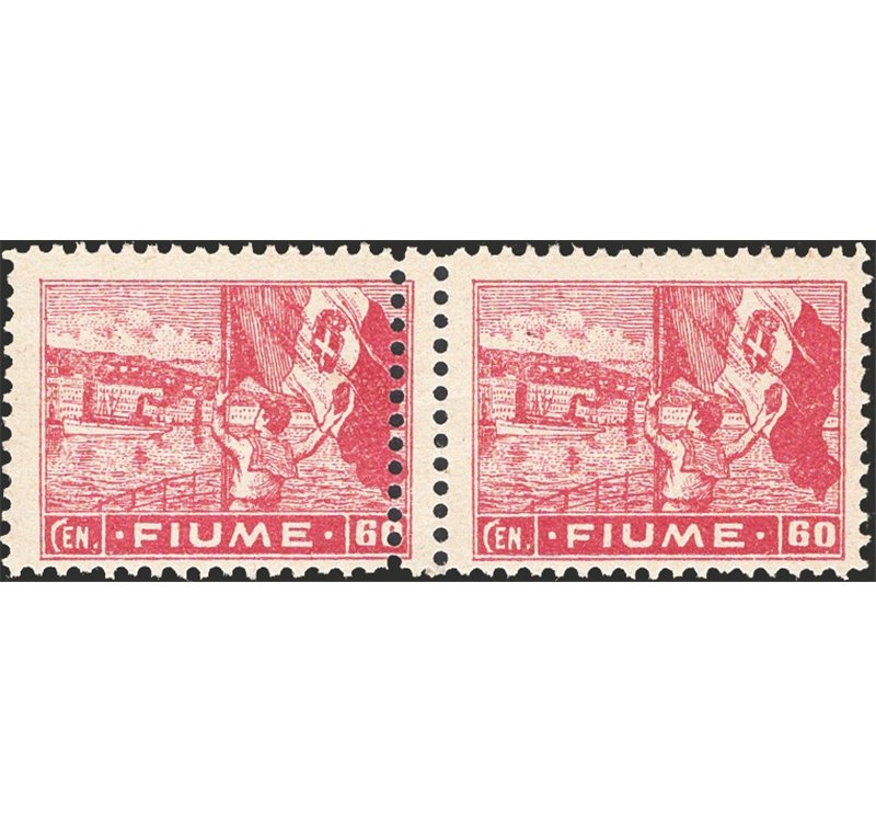 Terre Redente - Fiume - 1919 - Allegoria e Vedute 60 c. carminio su carta tipo A in coppia orizzontale con doppia dentellatura a