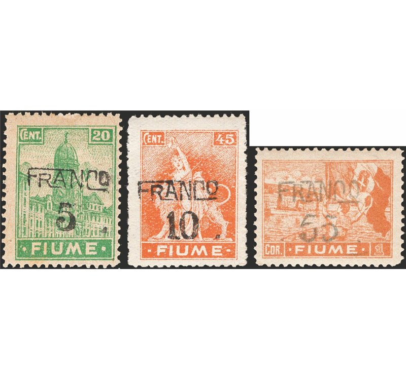 Terre Redente - Fiume - 1919 - Vedute su carta tipo A con dent. 11½, n° A75 - A77 - A83. Cert.: IC. Cat. € 2.270 (*)