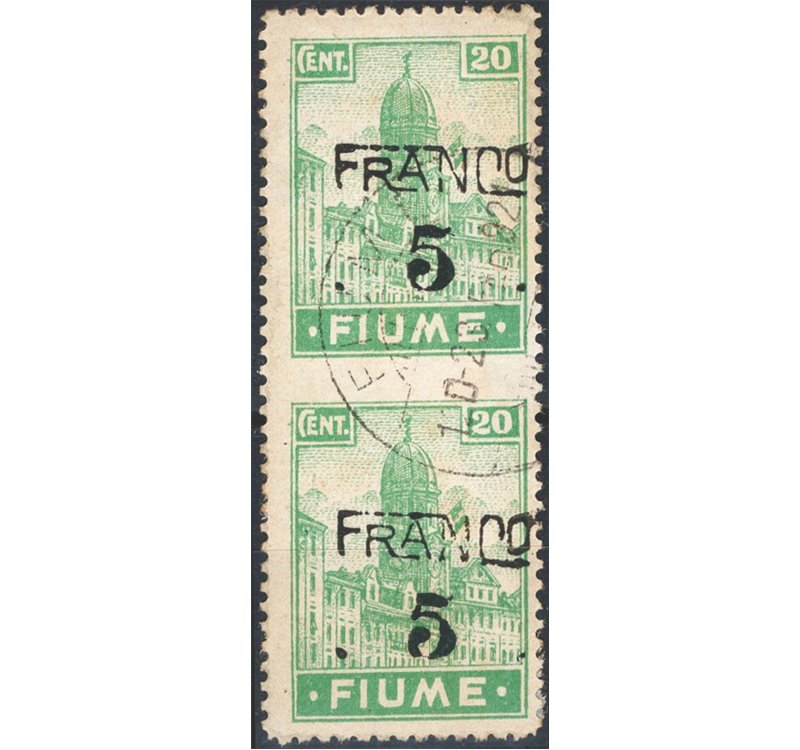 Terre Redente - Fiume - 1919/20 - Allegoria 5 c. su 20 verde in coppia verticale non dent. al centro, n° C75n. Cat. € 150 (U)