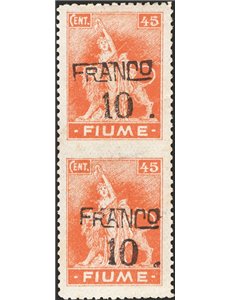 Terre Redente - Fiume - 1919/20 - Allegoria 10 c. su 45 arancio in coppia non dent. al centro, n° C77n. Cert.: IC. Cat. € 300 (*