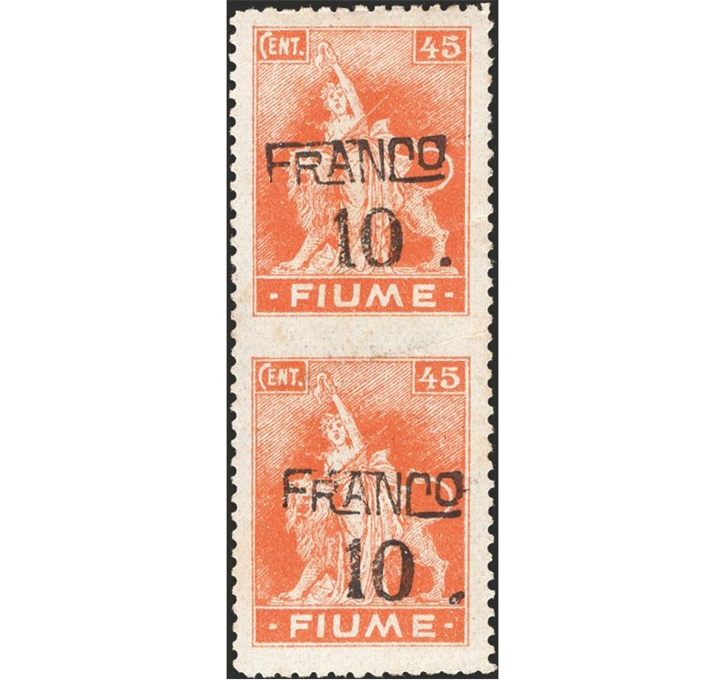 Terre Redente - Fiume - 1919/20 - Allegoria 10 c. su 45 arancio in coppia non dent. al centro, n° C77n. Cert.: IC. Cat. € 300 (*