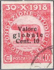 Terre Redente - Fiume - 1920 -  Fondazione Studio Dott. Grossich 10 c. soprast. modificata e non dent. Cat. € 180 (U)