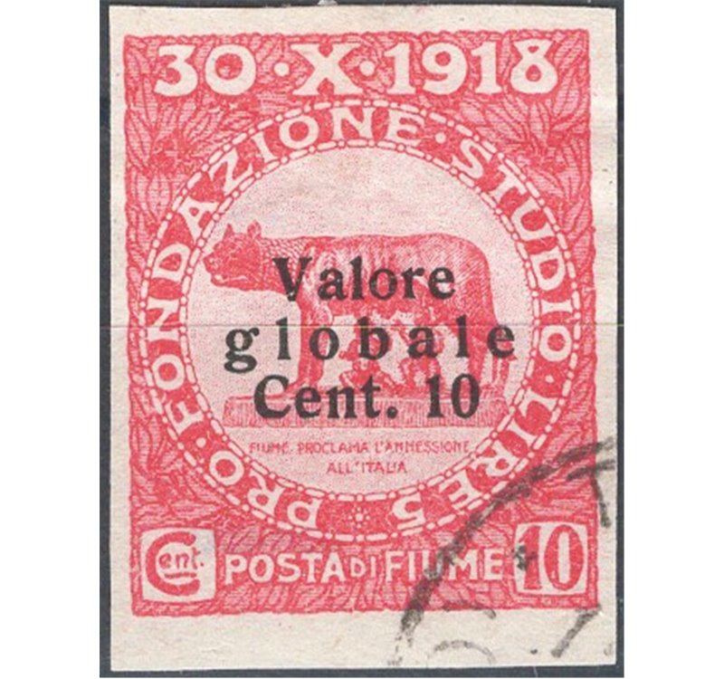 Terre Redente - Fiume - 1920 -  Fondazione Studio Dott. Grossich 10 c. soprast. modificata e non dent. Cat. € 180 (U)