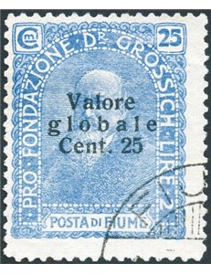 Terre Redente - Fiume - 1920 - Fondazione Studio Dott. Grossich 25 c. celeste latteo, n° 103ab. Cert.: Biondi. Cat. € 2.200 (U)