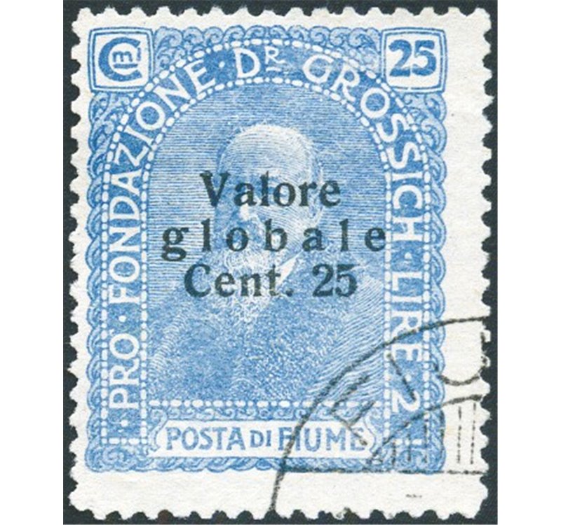 Terre Redente - Fiume - 1920 - Fondazione Studio Dott. Grossich 25 c. celeste latteo, n° 103ab. Cert.: Biondi. Cat. € 2.200 (U)