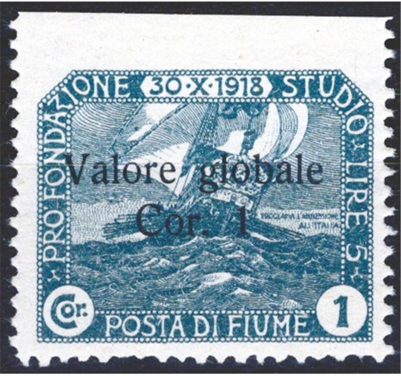 Terre Redente - Fiume - 1920 - Fondazione Studio Dott. Grossich 1 c. ardesia con soprast. "Valore globale Cor. 1" non dent. in a