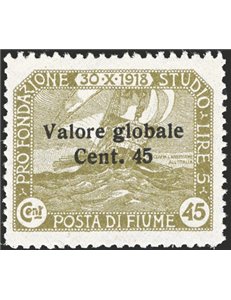 Terre Redente - Fiume - 1920 - Fondazione Studio Dott. Grossich 45 c. su 45 oliva con soprast. modificata, valore chiave della s
