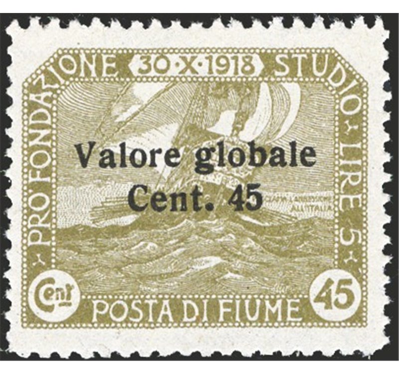 Terre Redente - Fiume - 1920 - Fondazione Studio Dott. Grossich 45 c. su 45 oliva con soprast. modificata, valore chiave della s