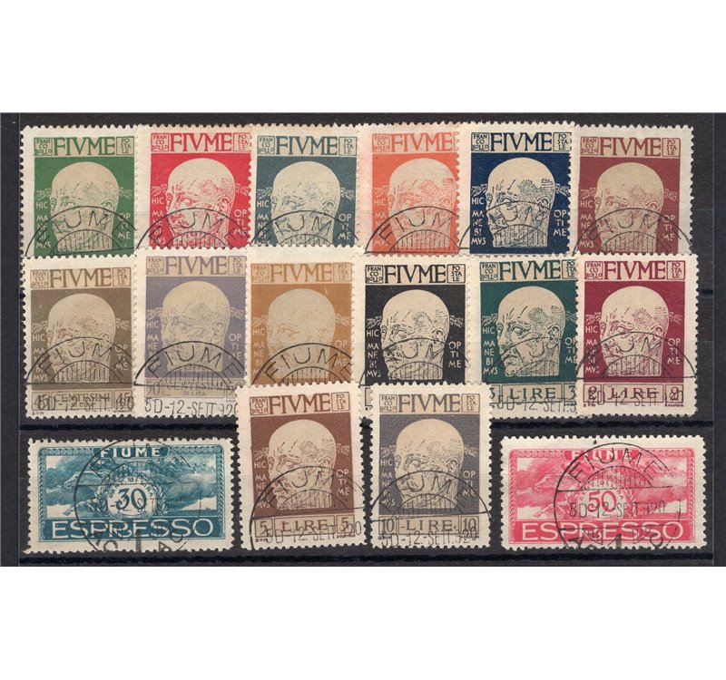 Terre Redente - Fiume - 1920 - Effigie di D'Annunzio e Cavalieri (espressi), serie n° 113/26 + Ex 1/2. Cert.: Biondi. Cat. € 330
