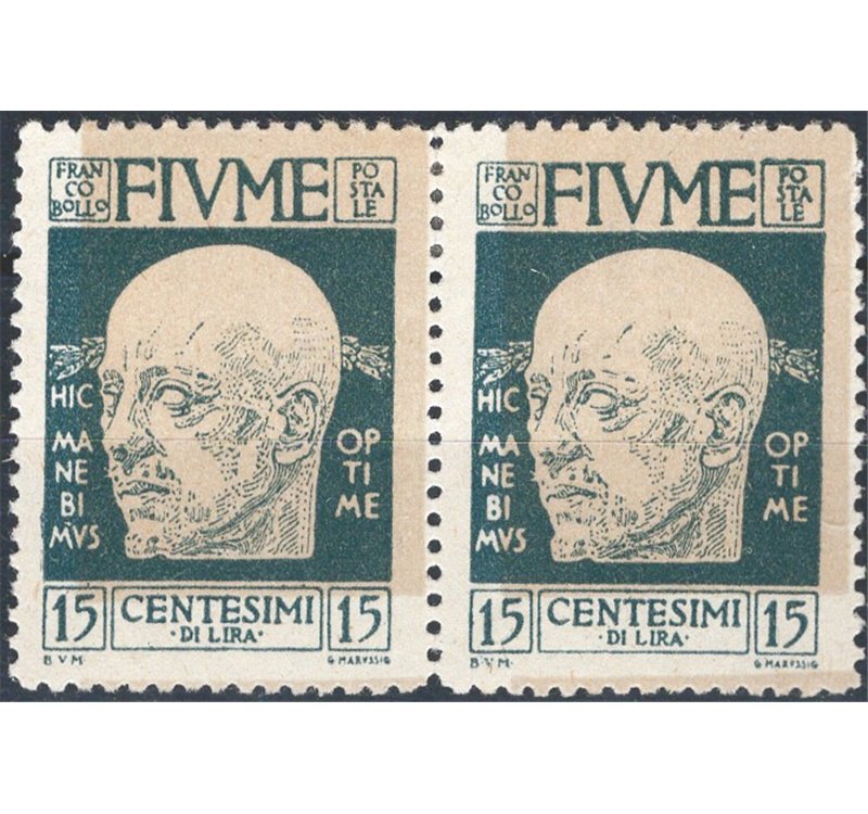 Terre Redente - Fiume - 1920 - Effigie di D'annunzio 15 c. grigio in coppia orizzontale con la tinta del fondo fortemente sposta