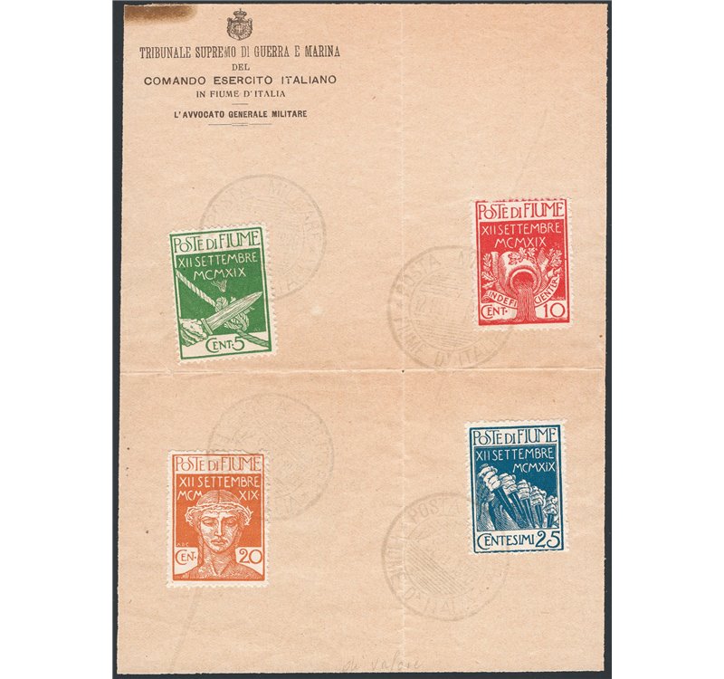 Terre Redente - Fiume - 1920 - Legionari a Fiume, serie n° 127/30 su cartoncino commemorativo con annulli di posta militare. Cer