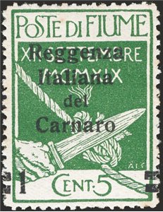 Terre Redente - Fiume - 1920 - Reggenza Italiana del Carnaro 1 c. su 5 verde con soprast. fortemente spostata a destra, cifra a 