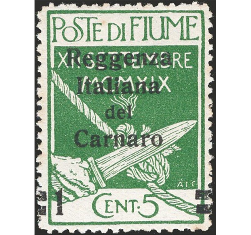 Terre Redente - Fiume - 1920 - Reggenza Italiana del Carnaro 1 c. su 5 verde con soprast. fortemente spostata a destra, cifra a 