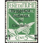 Terre Redente - Fiume - 1920 - Reggenza Italiana del Carnaro 1 c. su 5 verde con soprast. fortemente spostata a destra, cifra a 