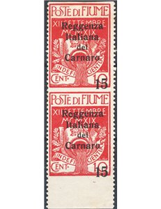 Terre Redente - Fiume - 1920 - Reggenza Italiana del Carnaro 15 c. su 10 carminio in coppia verticale non dent. orizzontalmente,