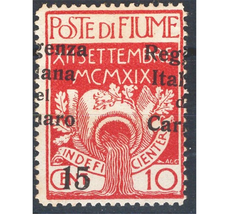 Terre Redente - Fiume - 1920 - Reggenza Italiana del Carnaro 15 c. su 10 carminio con soprast. fortemente spostata a destra, non