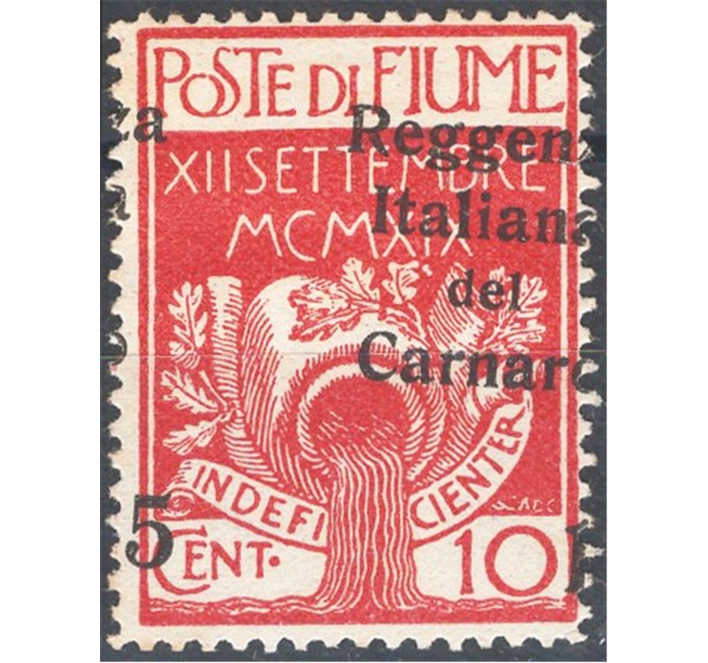 Terre Redente - Fiume - 1920 - Reggenza Italiana del Carnaro 15 c. su 10 carminio con soprast. fortemente spostata a destra, n° 