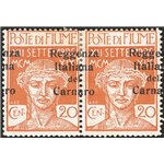 Terre Redente - Fiume - 1920 - Reggenza Italiana del Carnaro 20 c. ocra, coppia orizzontale con soprast. fortemente spostata a d