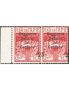 Terre Redente - Fiume - 1920 - Reggenza Italiana del Carnaro 25 c. su 10, coppia orizzontale bordo di foglio sinistro con la cif