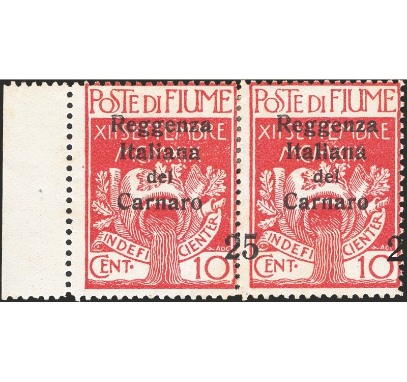 Terre Redente - Fiume - 1920 - Reggenza Italiana del Carnaro 25 c. su 10, coppia orizzontale bordo di foglio sinistro con la cif
