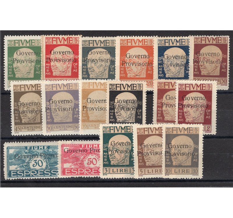 Terre Redente - Fiume - 1921 - Francobolli della serie Effigie di D'annunzio con soprast. "Governo Provvisorio", serie n° 149/63